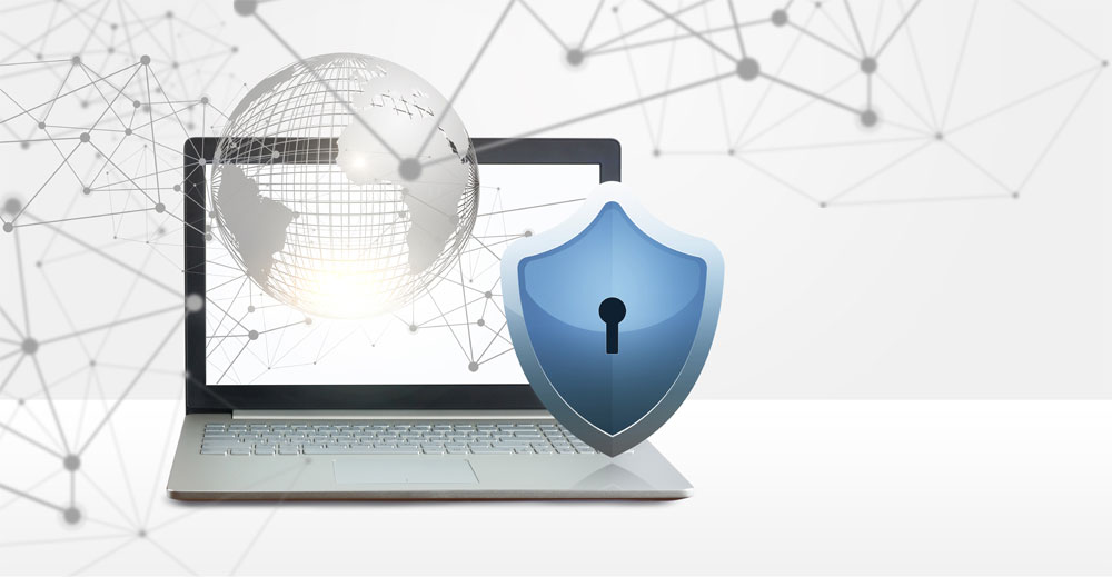Meine Privatsphäre - Sicher in 50 Wochen Ein Laptop mit abstrakten Darstellungen im Vordergrund.