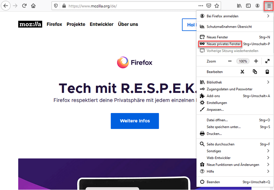Aktivierung des Inkognito Modus bei Mozilla Firefox.