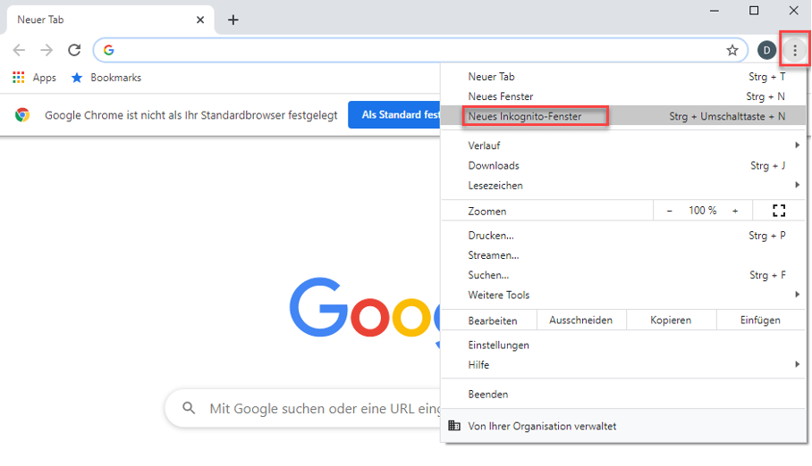 Aktivierung des Inkognito Modus in Google Chrome