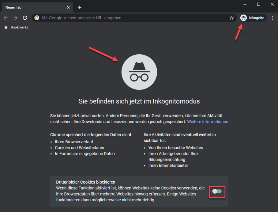 Kennzeichnung des inkognito Modus in Google Chrome.