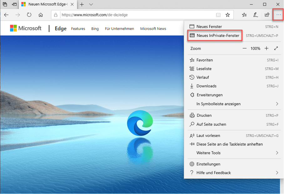 Aktivierung des Inkognito Modus bei Microsoft Edge.