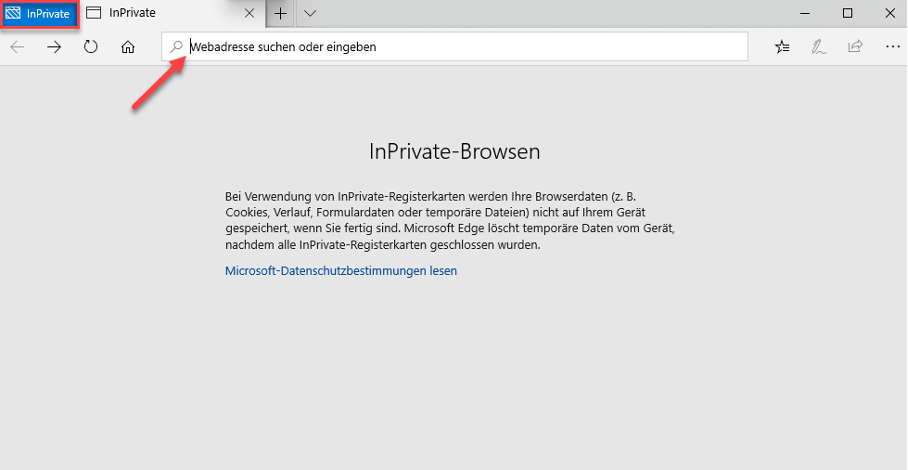 Kennzeichnung Inkognito Modus bei Microsoft Edge.